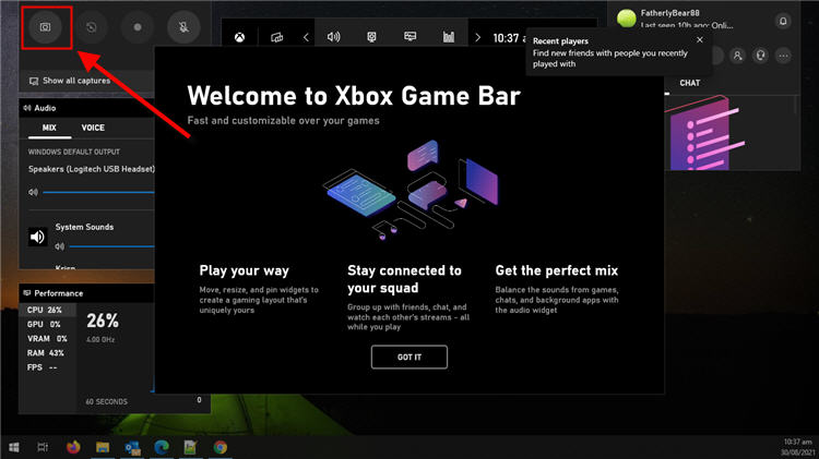 Capture Screenshot with XBox Game Bar