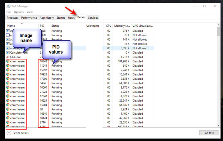 Getting the Image names or PID in Task Manager