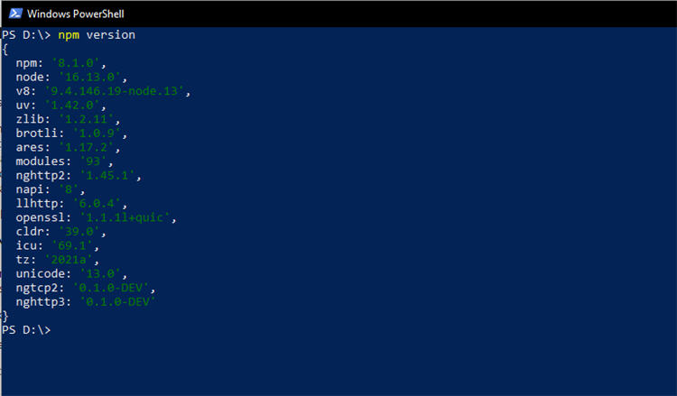 NodeJS npm version In Windows Powershell