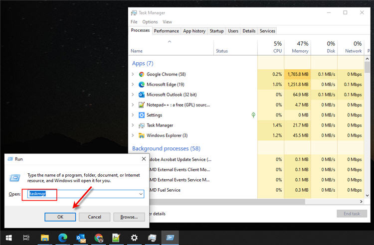 Run Command Task Manager in Windows 10