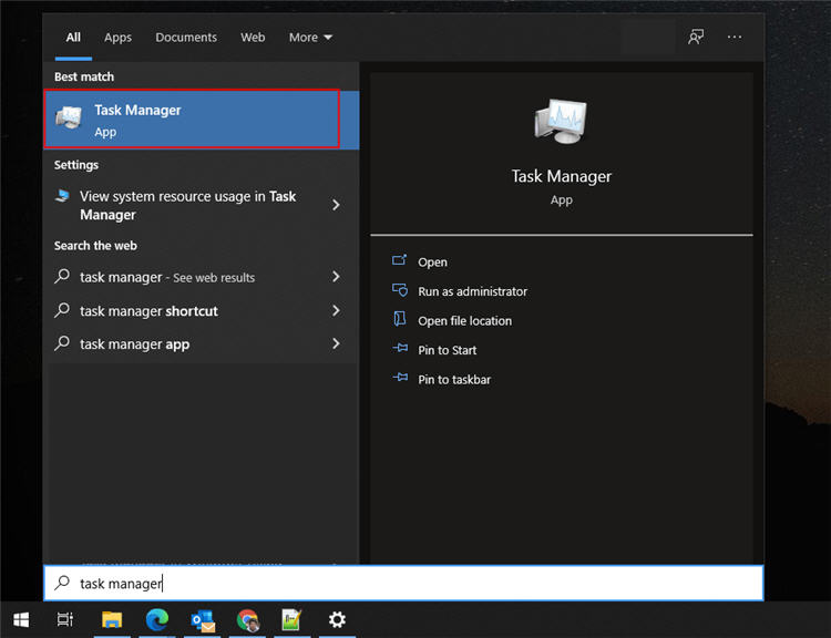 Start Menu - Task Manager in Windows 10