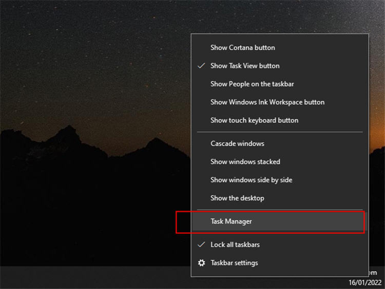 Taskbar Accessing Task Manager in Windows 10