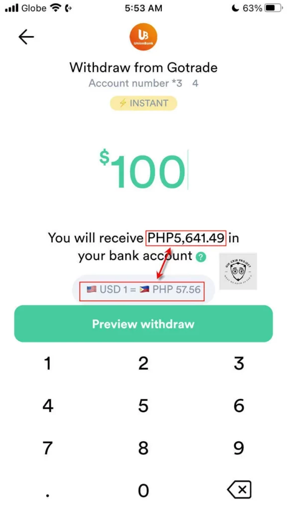 Enter Amount to Withdraw from GoTrade