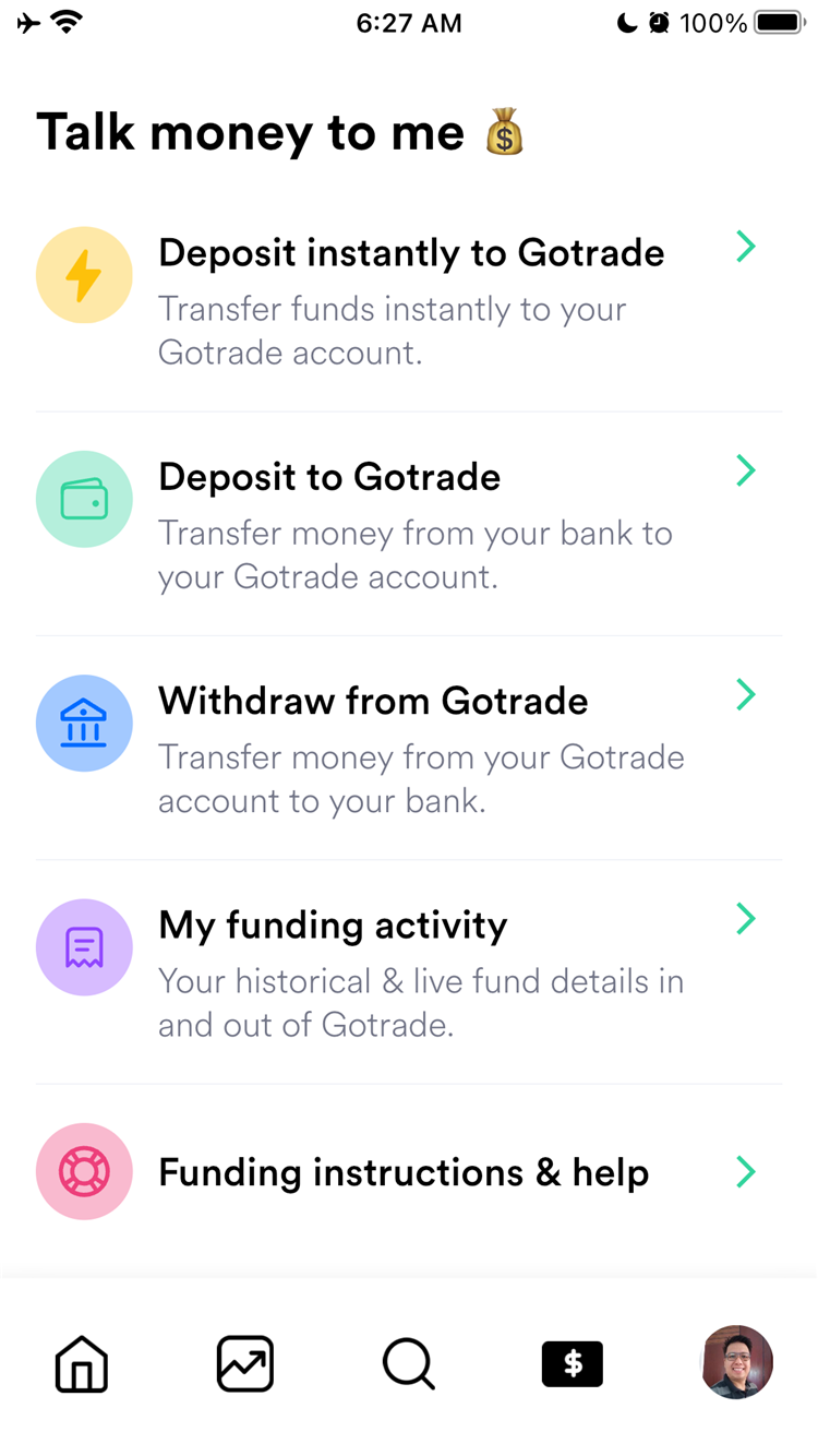 GoTrade Funding and Withdrawal page