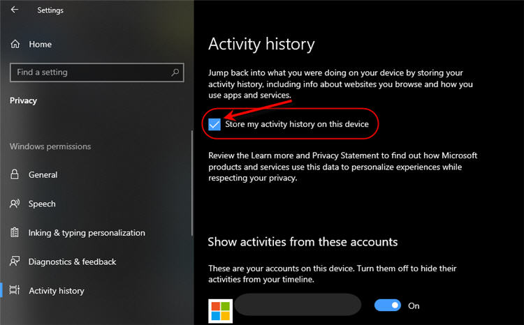 Local Windows 10 Activity History Option