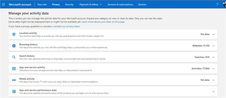 Microsoft Account Activity Data - Windows 10 Activity History