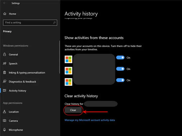 Windows 10 Clear Activity History - Local