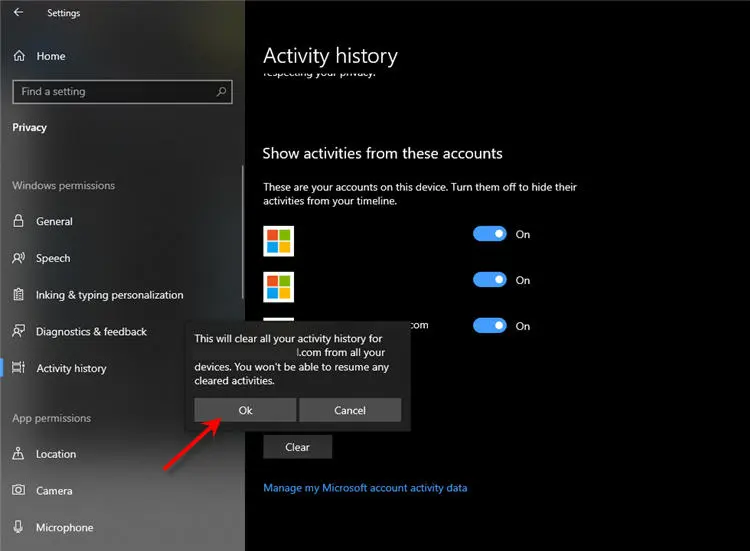 Windows 10 Confirm Clear Activity History - Local