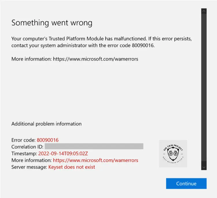 Microsoft Error Code 80090016