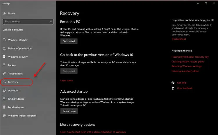 Windows 10 Recovery Installation